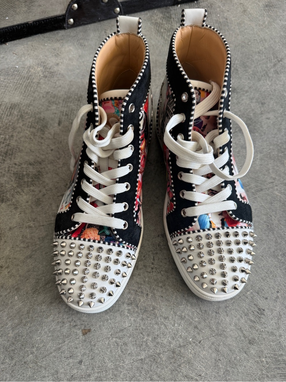 Laboutin High-Top Studded Floral Lace-Up Sneakers - Black & White